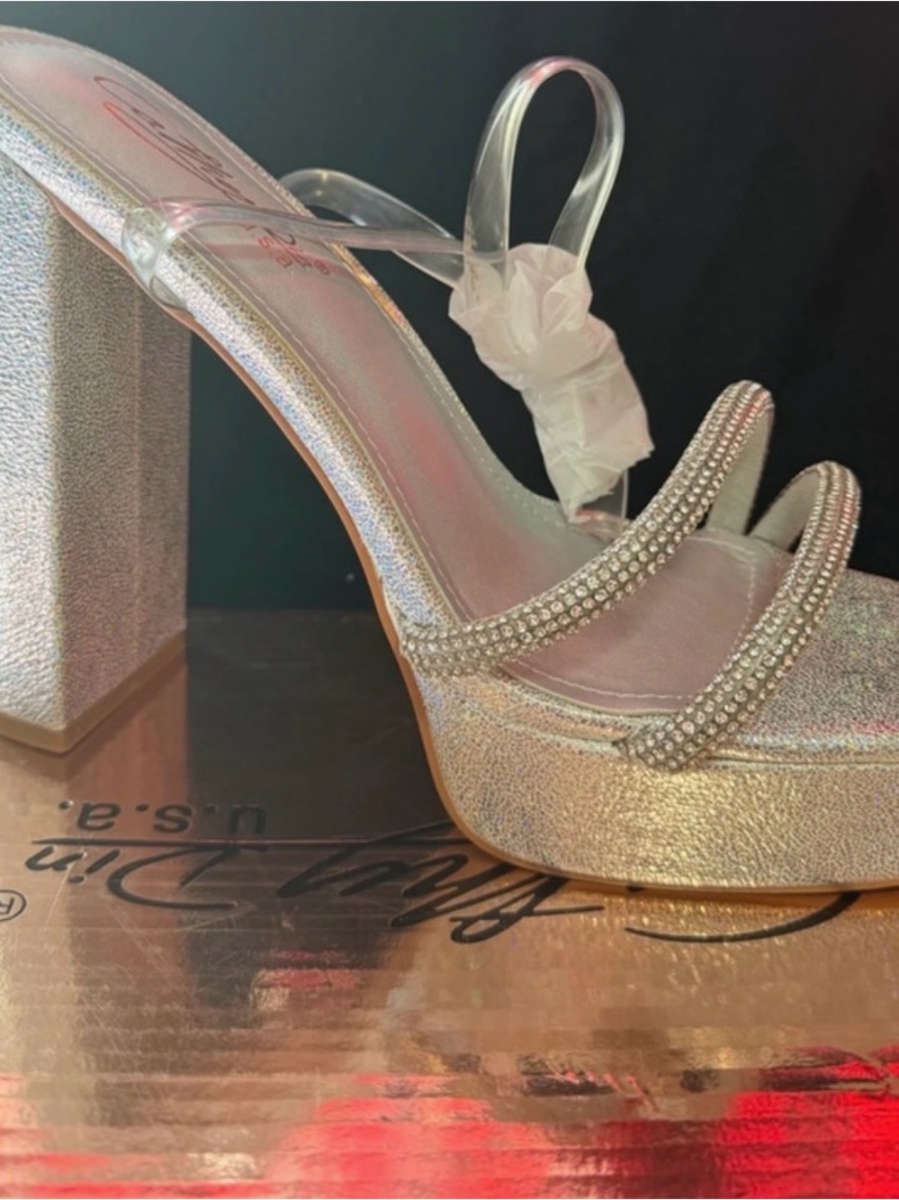 Source Unknown Crystal-Strap Block Heel Sandals - Silver